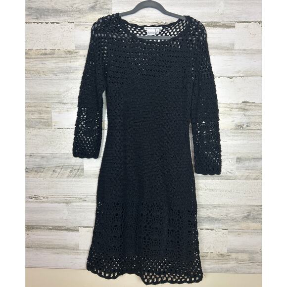 Maggy London women Large black crochet knitted midi dress boho sweater fall - Picture 1 of 6